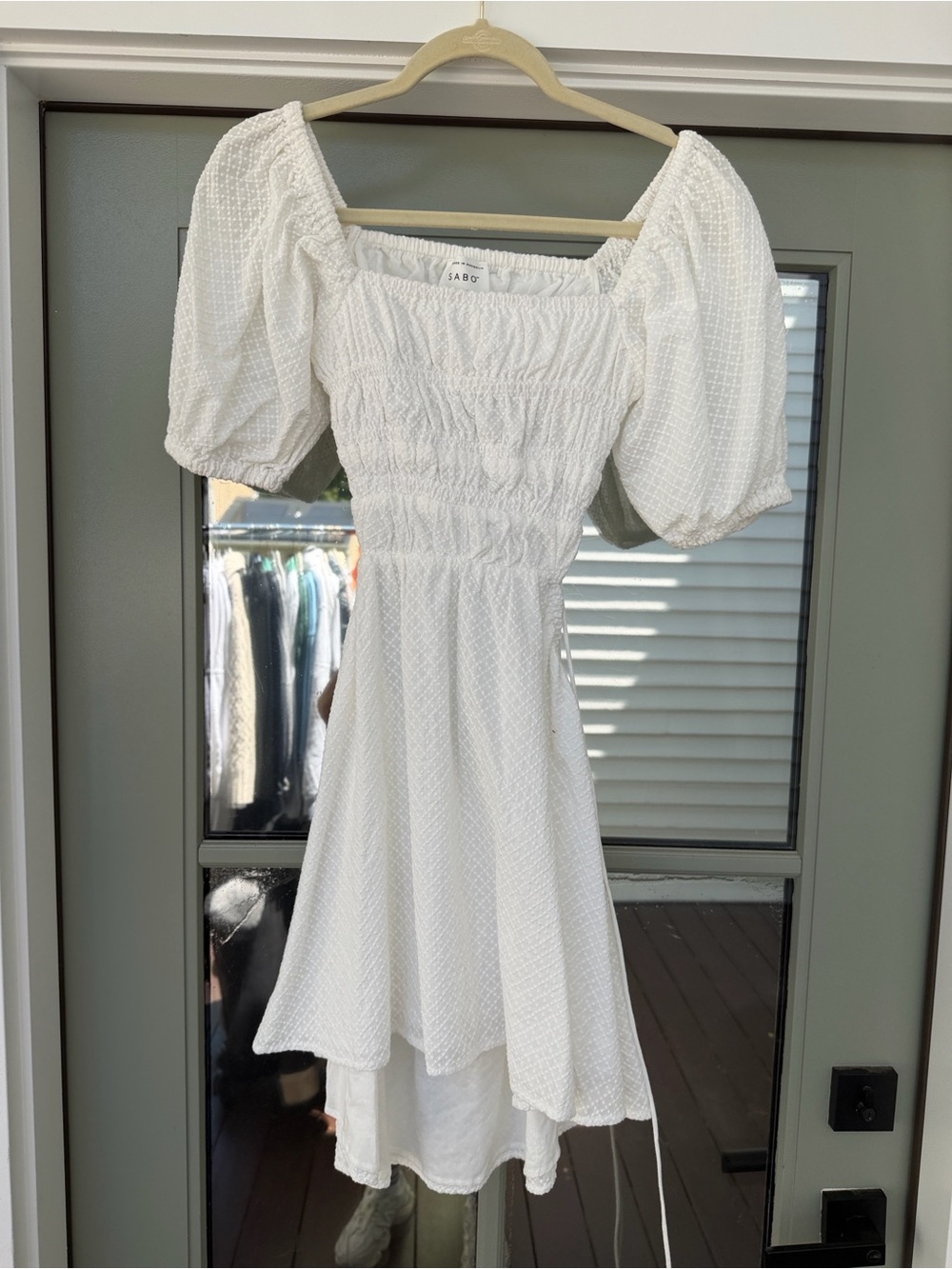 Sabo Skirt White Puff-Sleeve Smocked Midi Dress